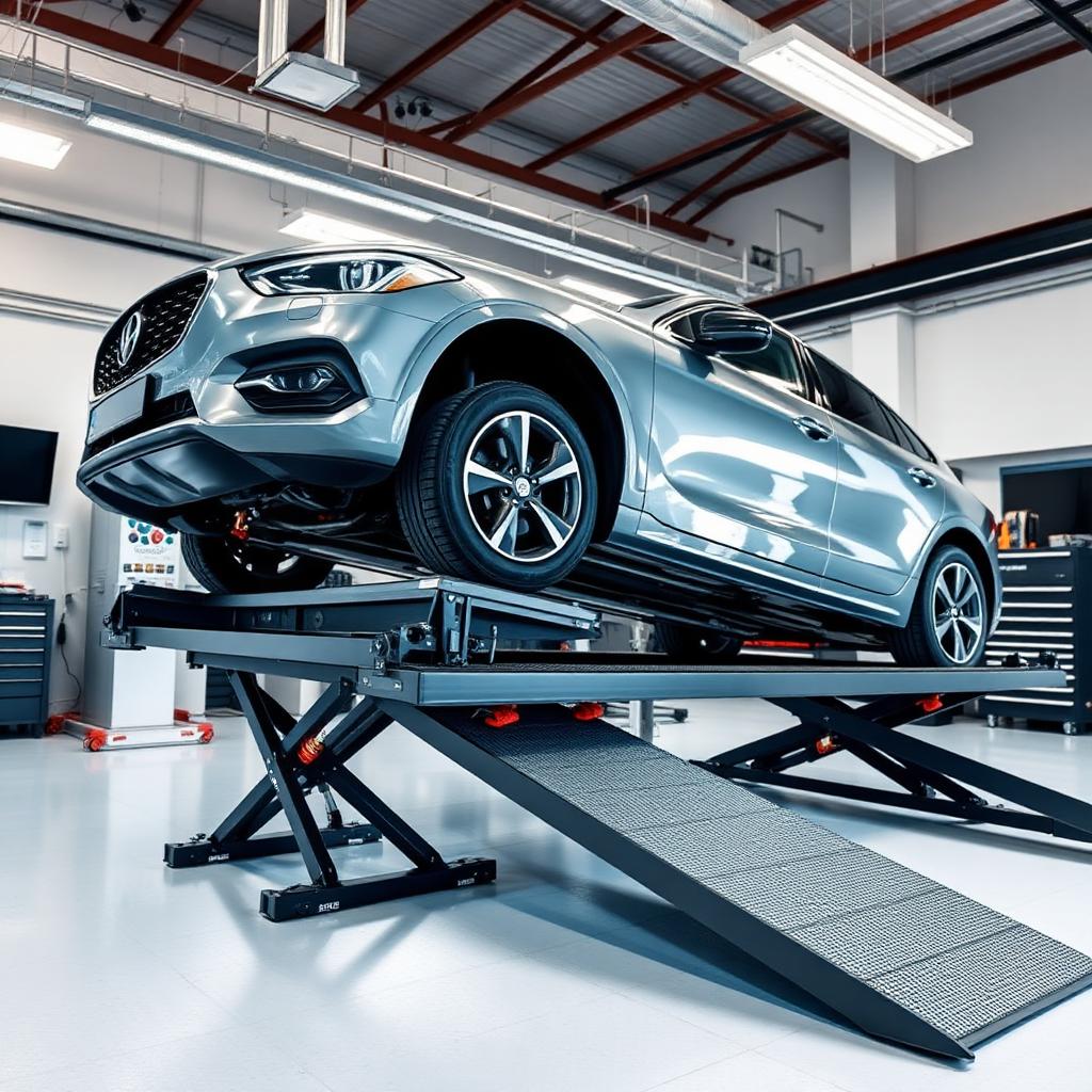 Car on a 4-wheel laser alignment ramp