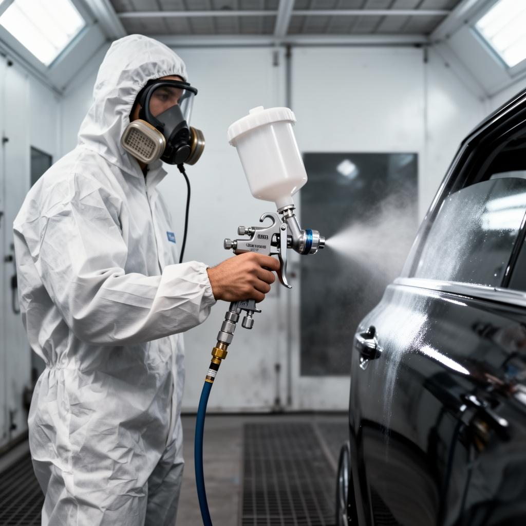 Technician spraying a car panel in the spray booth